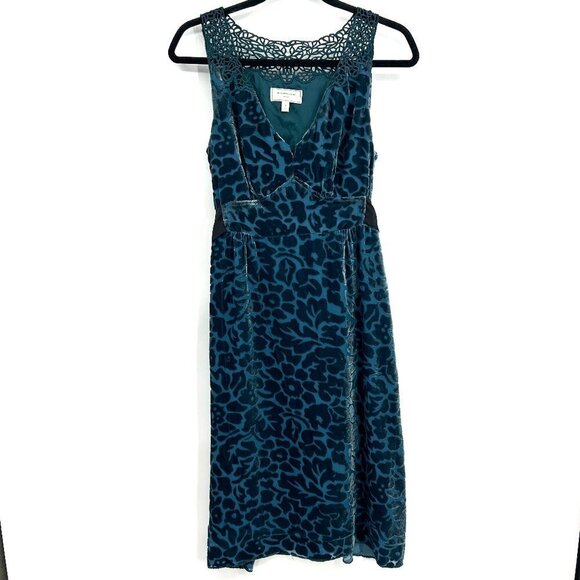 ANTHROPOLOGIE Moulinette Soeurs *FLAWED* Teal Blue Patterned Velvet Silk Dress 4 - Picture 2 of 10
